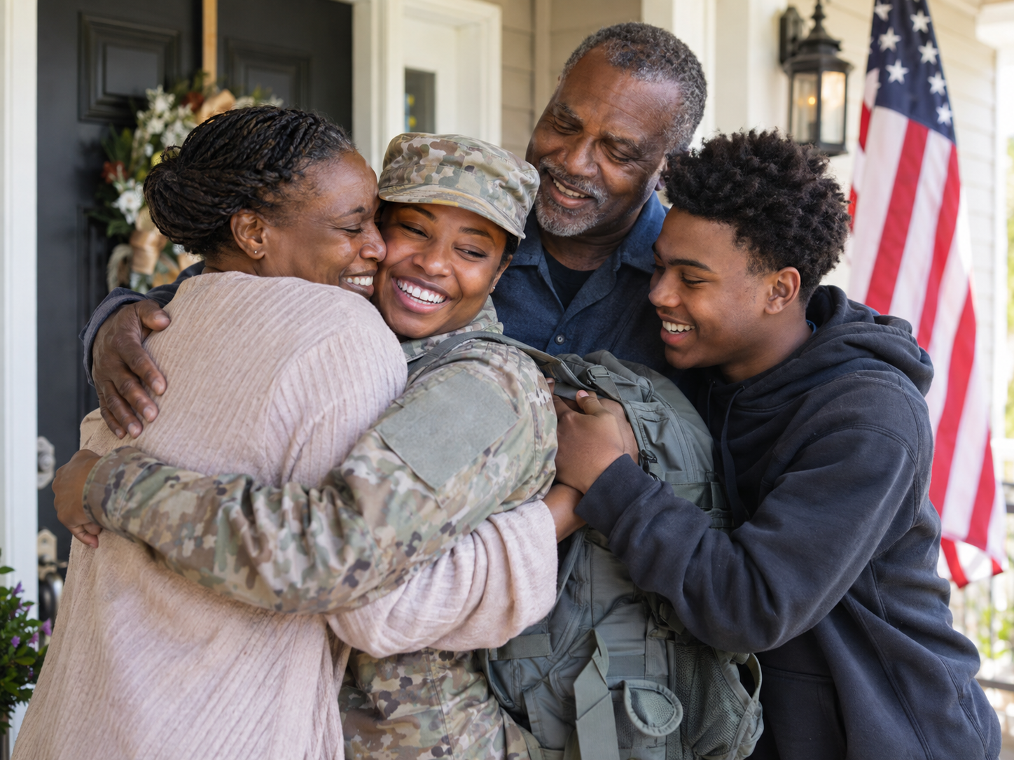 A Black servicewoman embraces her family as she returns home