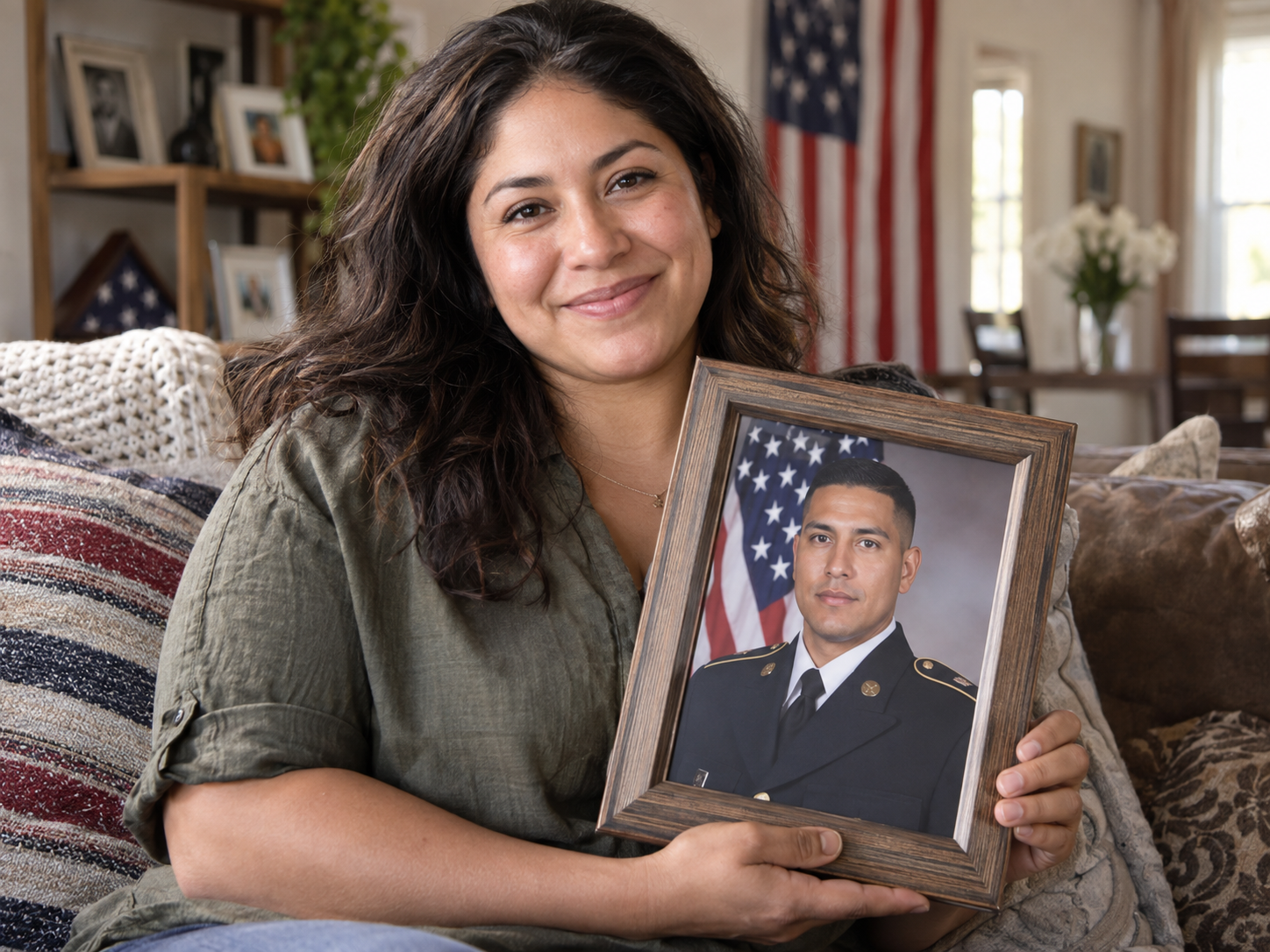 A Hispanic wife smiles while holding a framed portrait of her husband in military dress uniform
